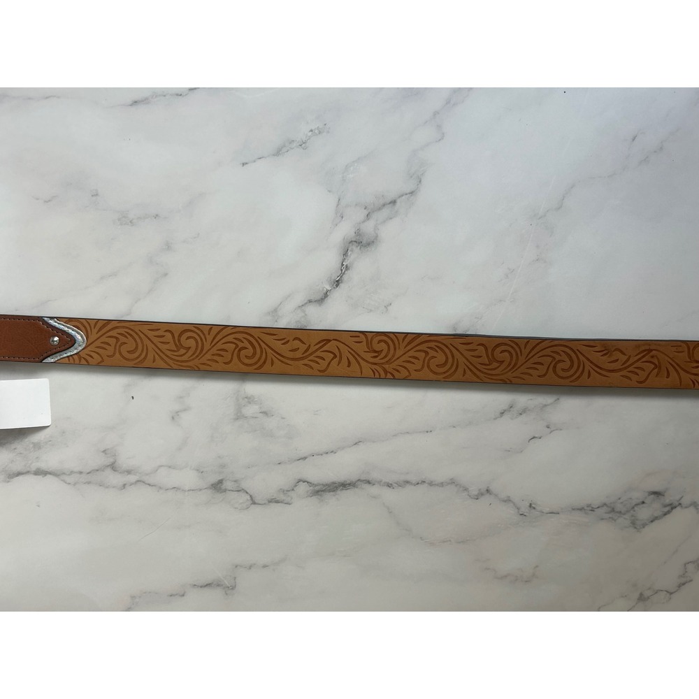 Western Tan‎ Girls Small Embossed Belt Brown White Trim Silver Floral Buckle - Picture 4 of 5